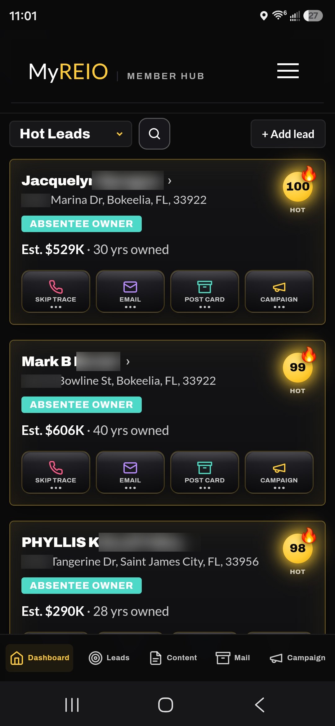 The MyREIO dashboard on a phone: hot leads scored 100, 99 and 98, each with call, email, postcard and campaign actions